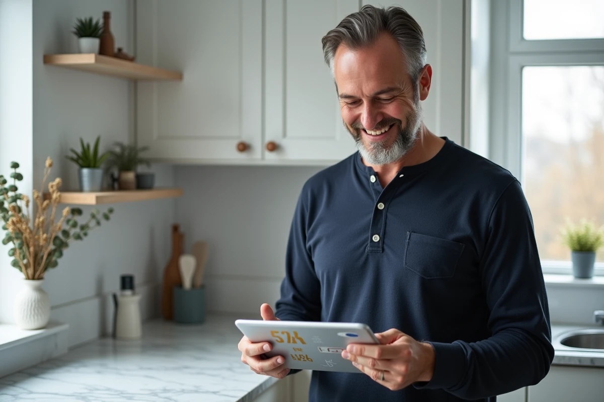 Homme personnalisant un modèle de carte bonne année 2026 gratuit sur tablette dans une cuisine moderne