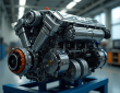 Moteur hybride propre avec composants exposés dans un atelier moderne