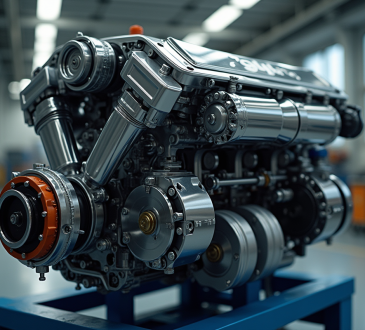 Moteur hybride propre avec composants exposés dans un atelier moderne