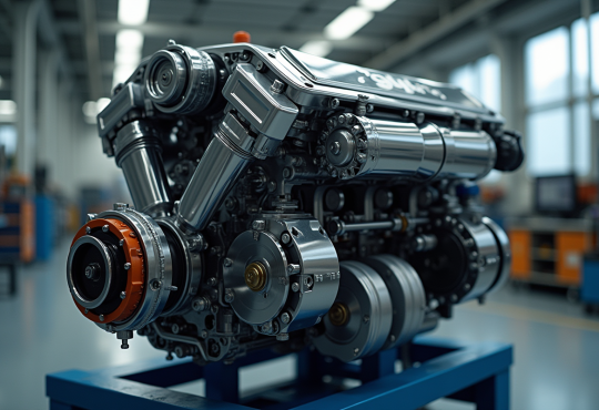 Moteur hybride propre avec composants exposés dans un atelier moderne