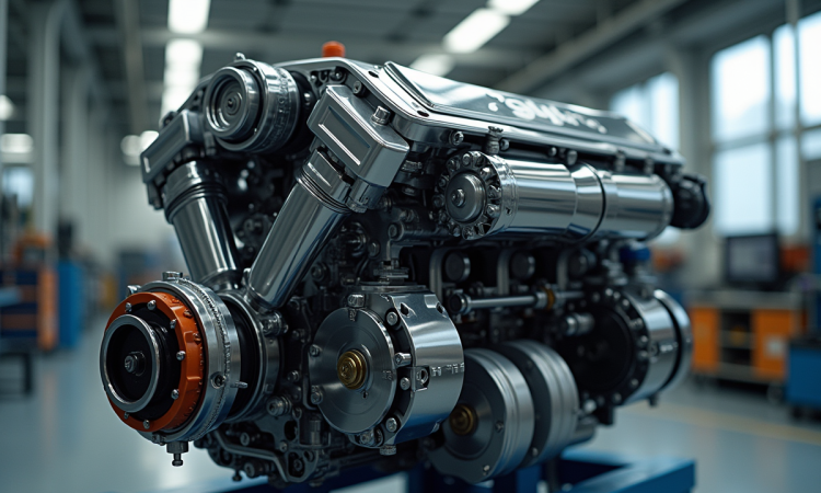 Moteur hybride propre avec composants exposés dans un atelier moderne