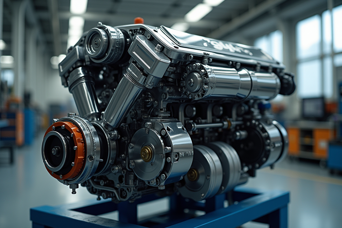 Moteur hybride propre avec composants exposés dans un atelier moderne