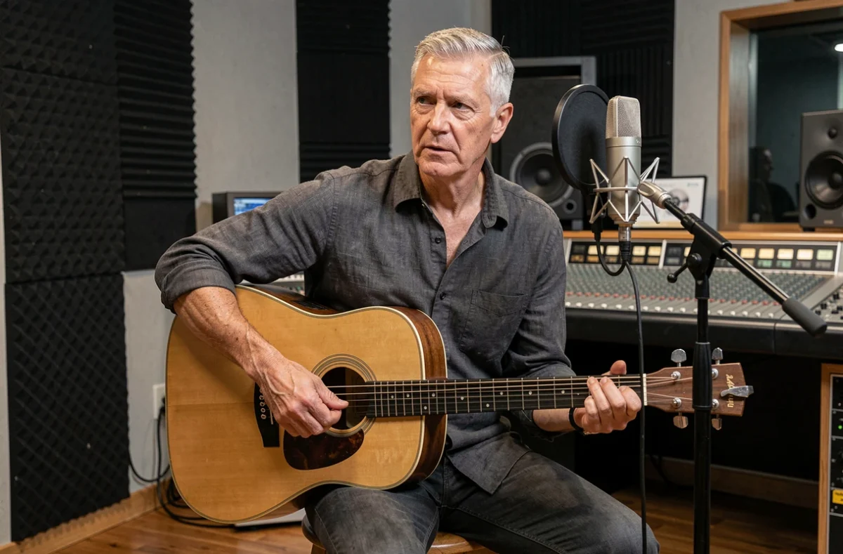 Musicien mature en studio d'enregistrement avec une guitare acoustique, illustrant le parcours artistique d'un chanteur emblématique français