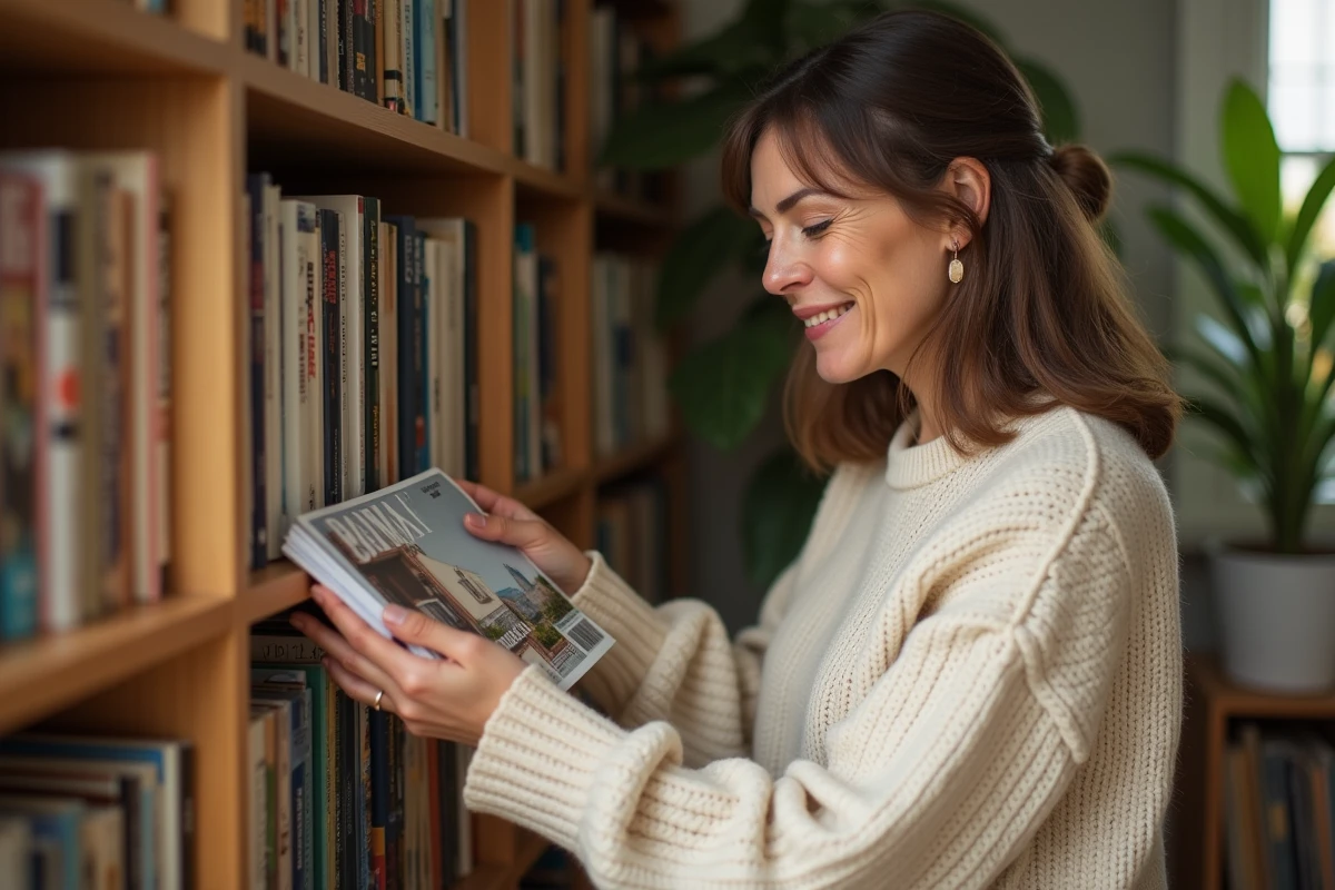Femme qui organise sa collection de magazines Garan Cedore sur une étagère en bois dans une bibliothèque chaleureuse