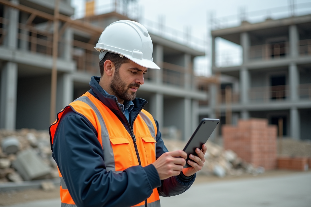 Ouvrier avec casque et tablette sur chantier extérieur