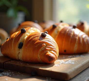 Pain aux raisins frais sur une table en bois rustique