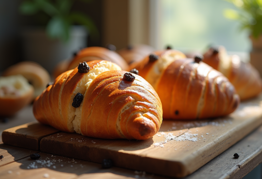 Pain aux raisins frais sur une table en bois rustique
