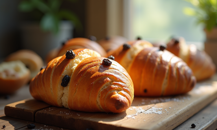 Pain aux raisins frais sur une table en bois rustique