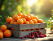 Panier en bois avec fruits frais débutant par T en extérieur