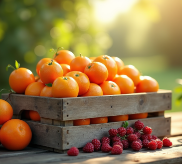 Panier en bois avec fruits frais débutant par T en extérieur
