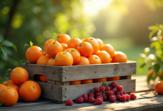 Panier en bois avec fruits frais débutant par T en extérieur