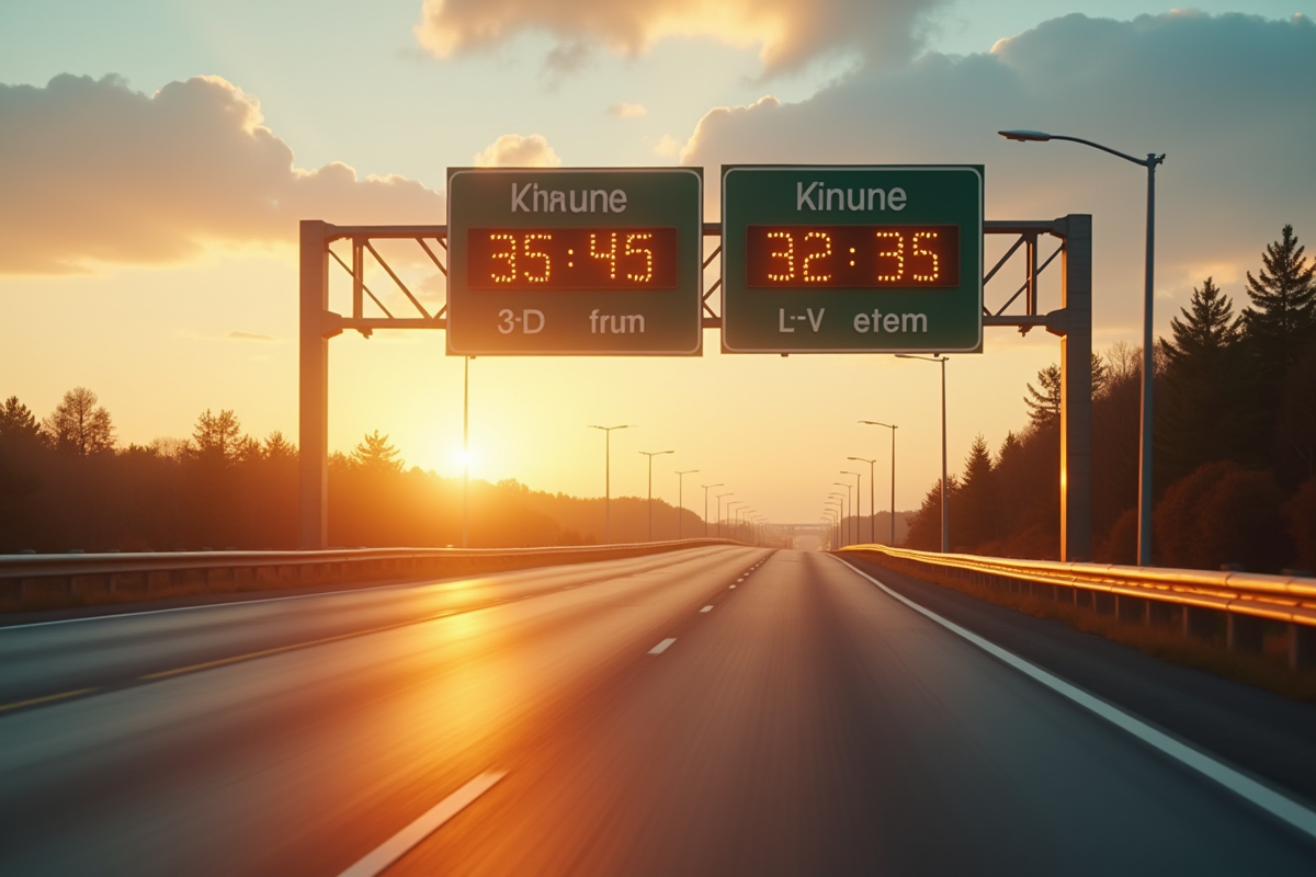 Panneau routier affichant miles et kilomètres au coucher du soleil
