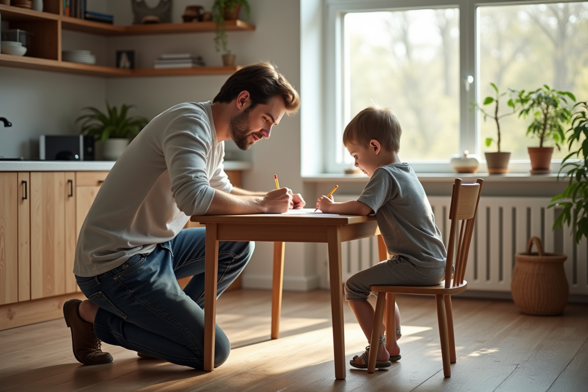 Père aidant son fils à faire ses devoirs à la maison