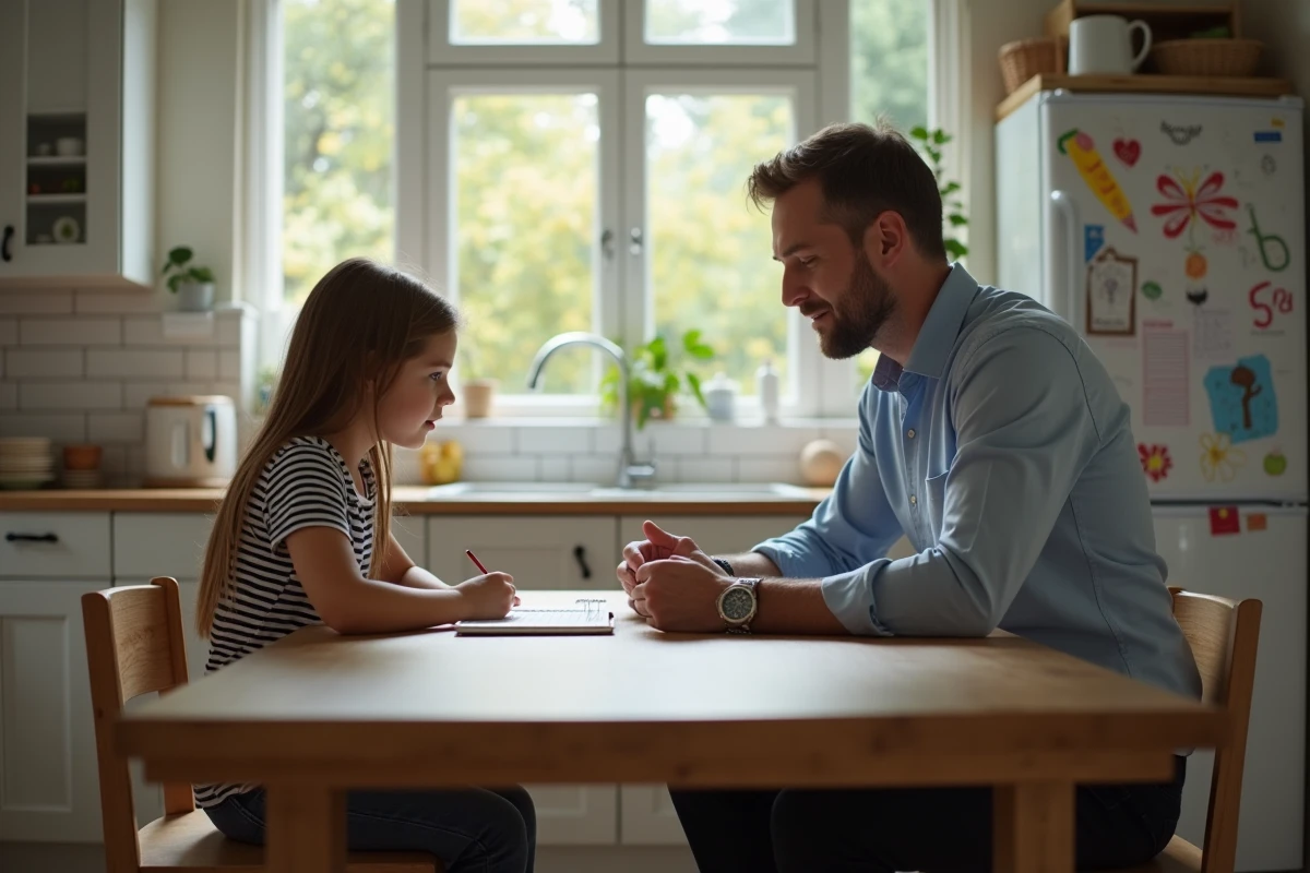 Pere et fille parlent de devoirs à la cuisine