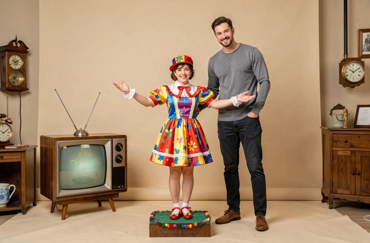 Adulte en costume de personnage télévisuel vintage comparé en taille à un homme moderne sur un plateau de tournage