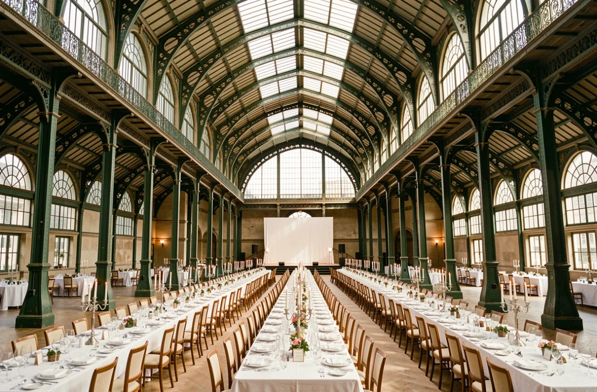 Intérieur du Pavillon Baltard à Nogent-sur-Marne, avec son architecture de fer et de verre du XIXe siècle décorée pour une réception de gala.