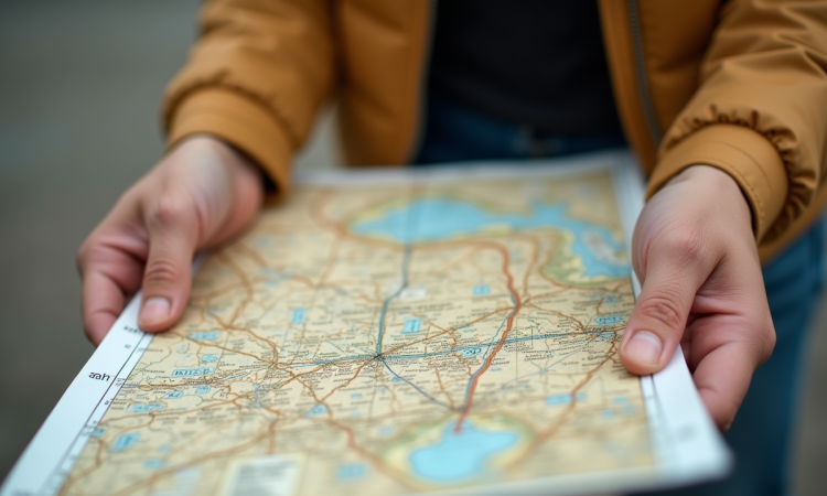 Personne tenant une carte avec miles et kilomètres en gros plan