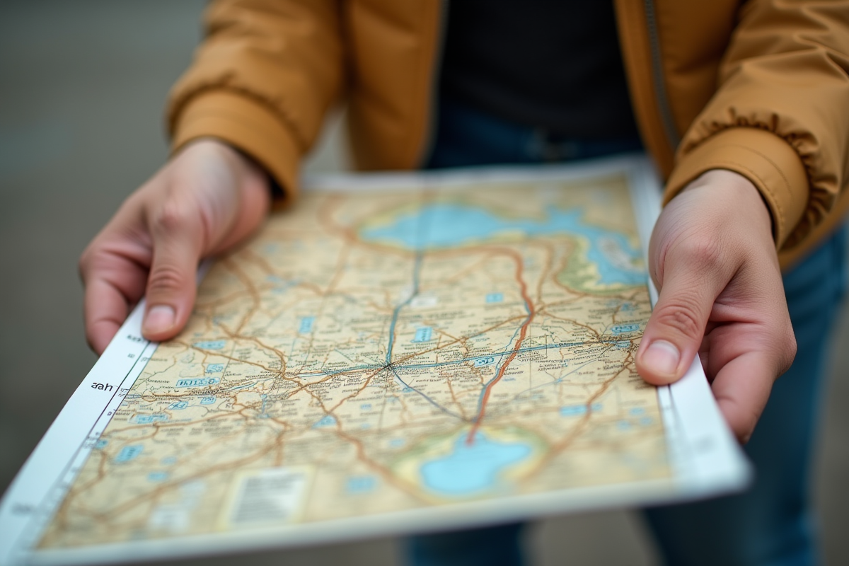 Personne tenant une carte avec miles et kilomètres en gros plan