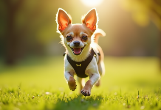 Chihuahua en plein effort dans un parc ensoleille