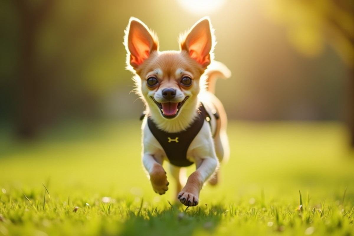 Chihuahua en plein effort dans un parc ensoleille