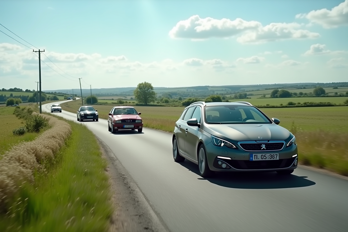 Peugeot 308 SW en campagne avec voitures anciennes et nature
