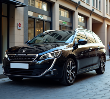 Peugeot 308 SW moderne en ville avec architecture contemporaine