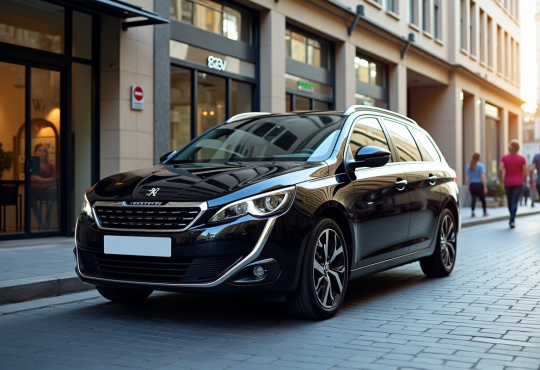 Peugeot 308 SW moderne en ville avec architecture contemporaine