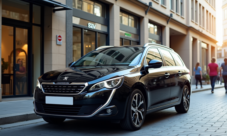 Peugeot 308 SW moderne en ville avec architecture contemporaine