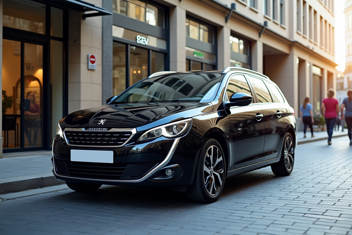 Peugeot 308 SW moderne en ville avec architecture contemporaine