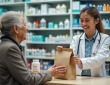 Pharmacien souriant remettant un sac de médicaments à une personne âgée