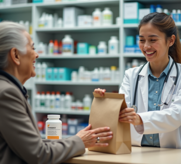 Pharmacien souriant remettant un sac de médicaments à une personne âgée