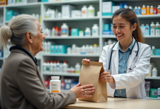 Pharmacien souriant remettant un sac de médicaments à une personne âgée
