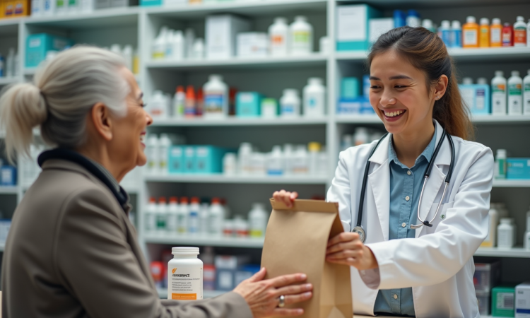 Pharmacien souriant remettant un sac de médicaments à une personne âgée