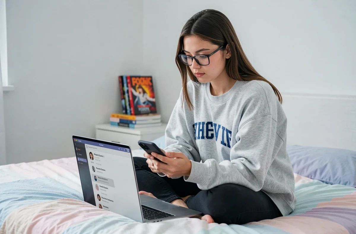 Jeune femme consultant son ordinateur portable avec un serveur Discord Phoenix Scans inaccessible dans sa chambre étudiante
