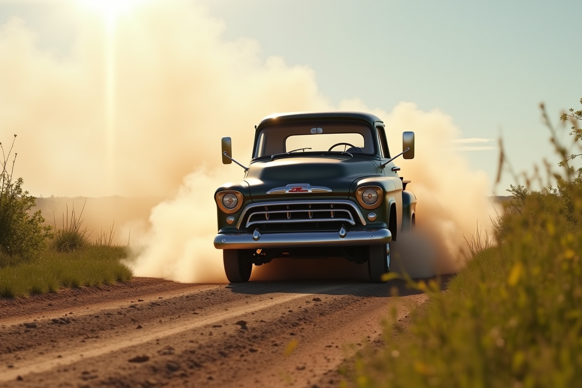Vieux pick-up 4x4 roulant sur une route rurale ensoleillée