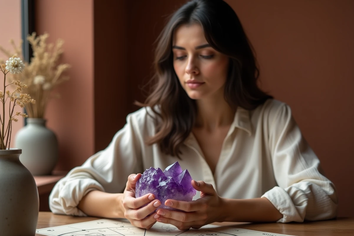 Femme tenant un cristal d'améthyste poli associé à son signe astrologique pour attirer chance et énergie positive