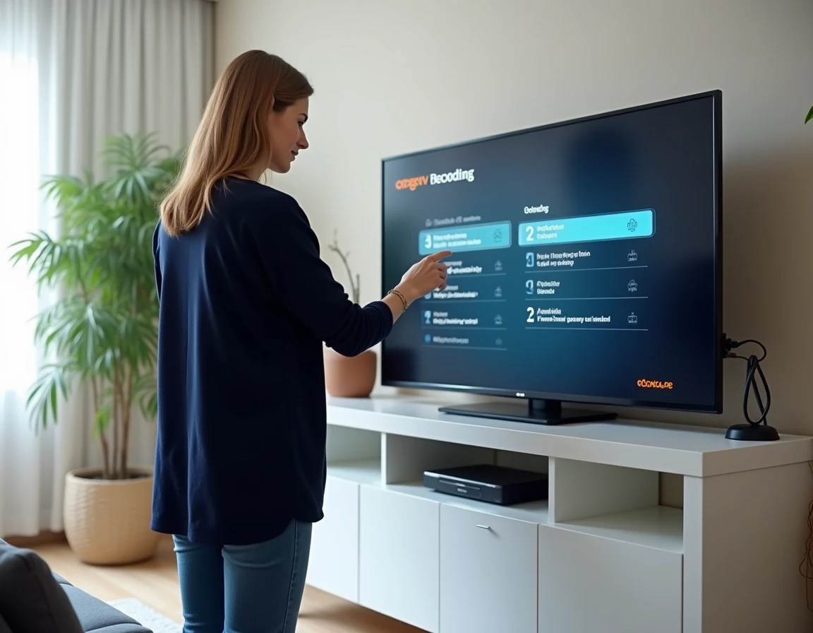 Femme configurant le planning d'enregistrement sur le décodeur Orange TV dans son salon