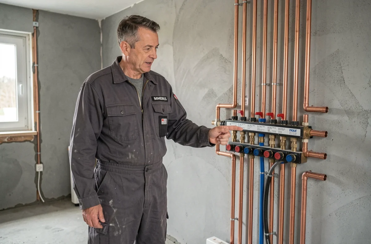 Plombier chauffagiste de Plomberie Arnaud présentant une installation de chauffage au sol dans une maison en Essonne