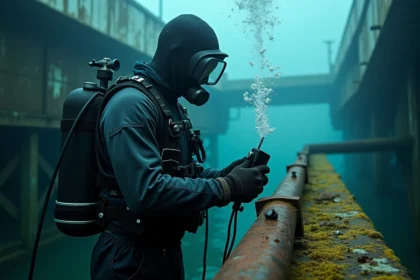 Plongeur en dry suit inspectant l équipement sous-marin industriel
