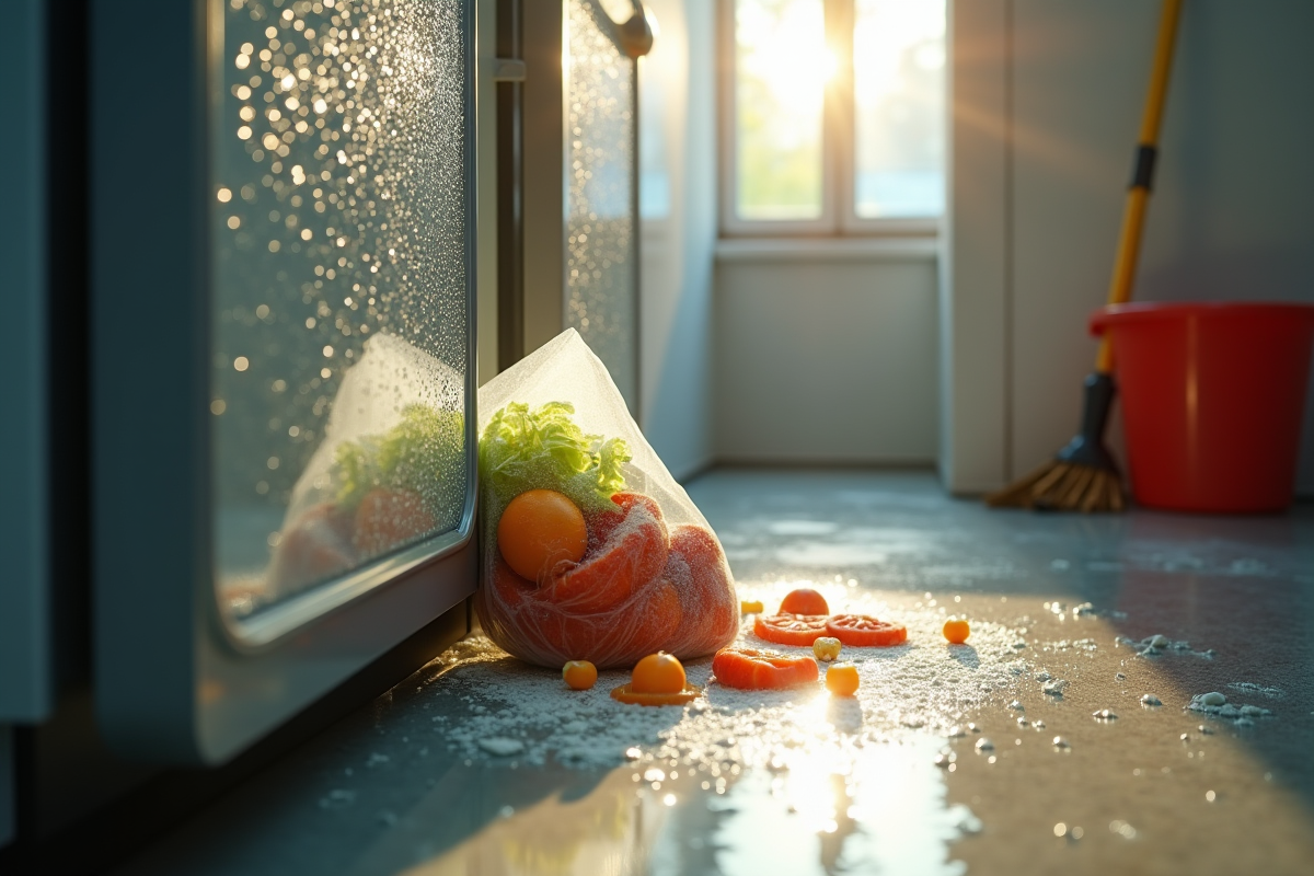 Porte de freezer entrouvert avec condensation et légumes