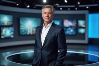 Présentateur homme en costume sombre derrière un bureau de journalisme télévisé dans un studio de news moderne
