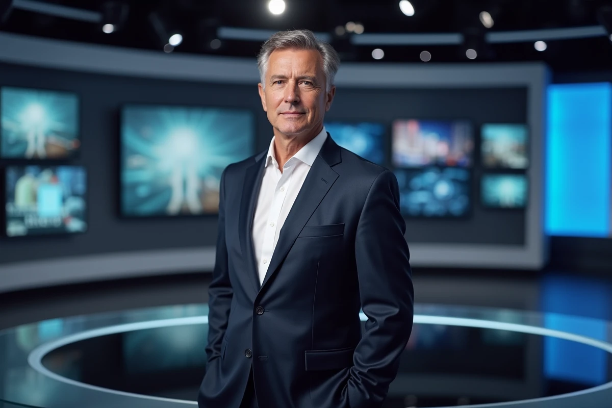 Présentateur homme en costume sombre derrière un bureau de journalisme télévisé dans un studio de news moderne