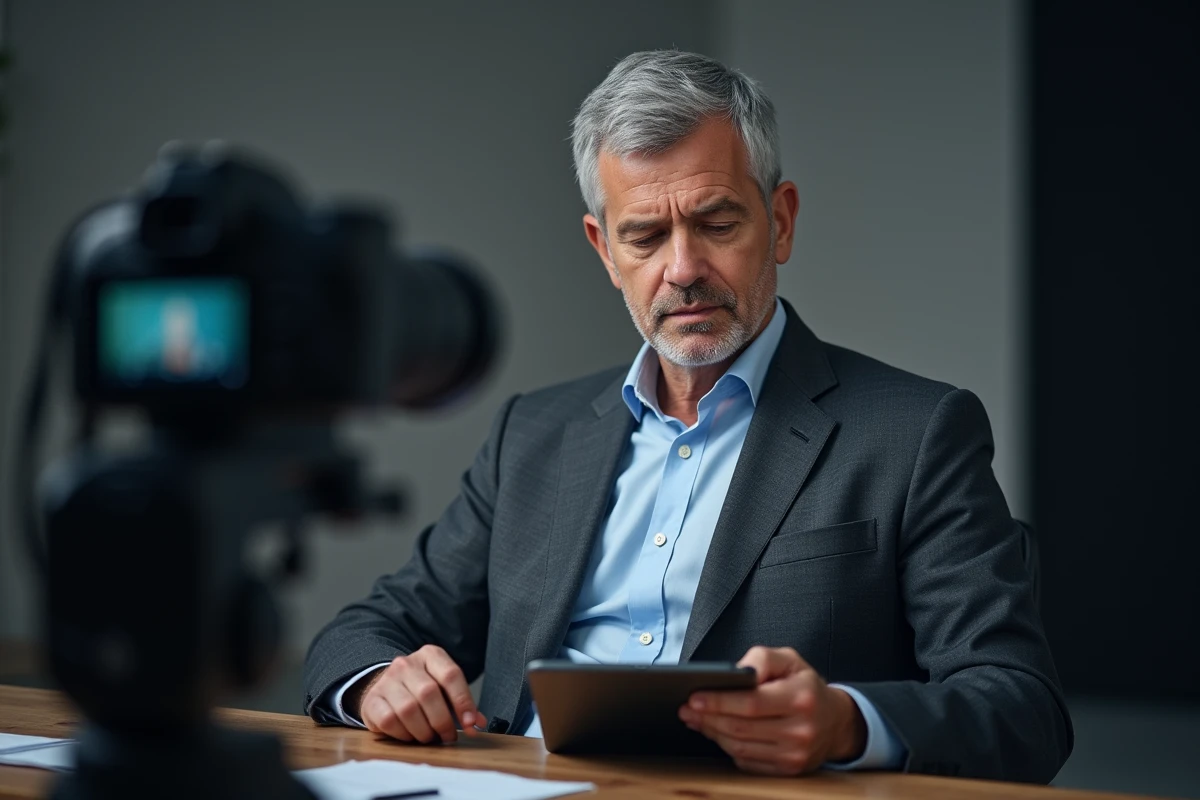Présentateur masculin de télévision en plateau seul regardant ses notes avant une émission d'information