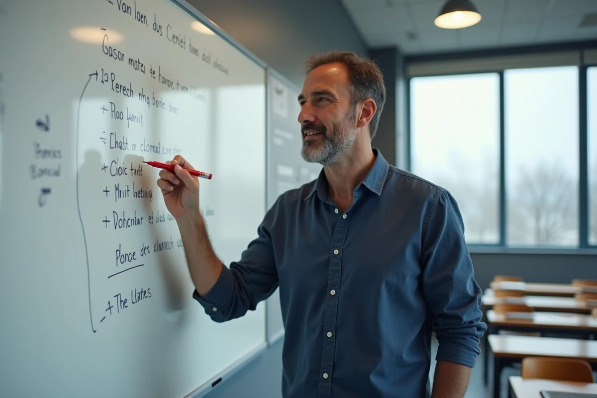 Professeur corrigeant une erreur de vocabulaire sur un tableau blanc dans une salle de classe
