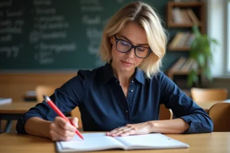 Professeure de français corrige un devoir en classe