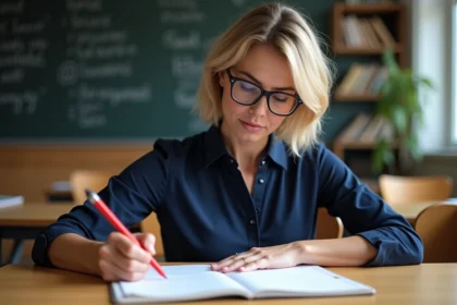 Professeure de français corrige un devoir en classe