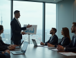 Professionnel confiant présentant un rapport financier dans un bureau lumineux