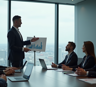 Professionnel confiant présentant un rapport financier dans un bureau lumineux