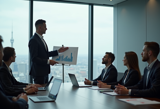 Professionnel confiant présentant un rapport financier dans un bureau lumineux