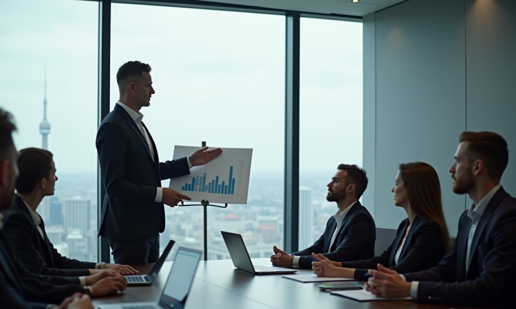 Professionnel confiant présentant un rapport financier dans un bureau lumineux